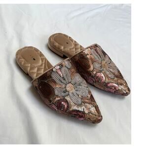 Birdies The Dove Floral Metallic Sequin Slides Slippers Mules, 5